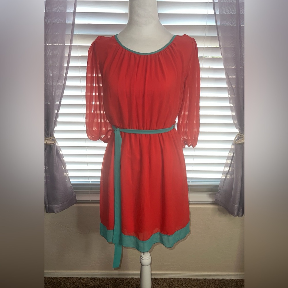 Enfocus Petite Dress in Orange and Aqua Blue with Sexy Opening in the Sleeve - Picture 1 of 6